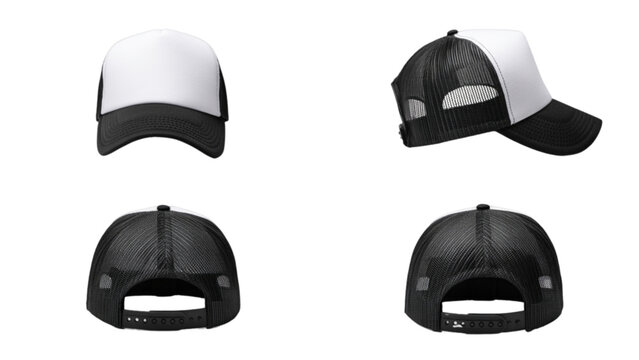 Four different styles of black and white baseball caps displayed side by side Vector
