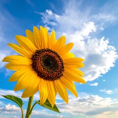 Obraz premium Large sunflower with vibrant yellow petals against a bright blue sky