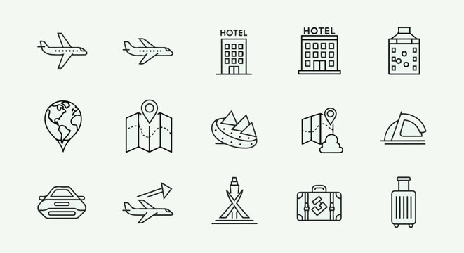Travel and tourism icons for navigation and transportation