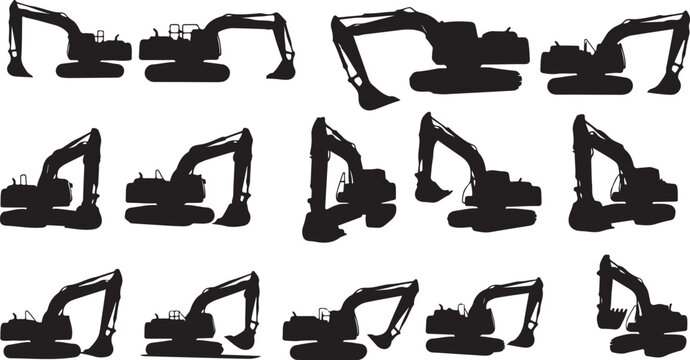 Excavator Silhouettes in Various Positions and Angles Collection