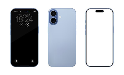 Naklejka premium Detailed blue mobile phone mockup. Front and rear view isolated on transparent background. Vector PNG