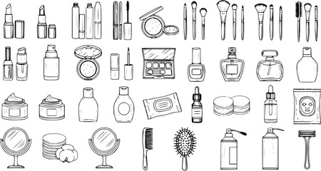 Fototapeta premium Hand Drawn Outline Beauty and Cosmetic Products Set. Doodle Icons of Makeup, Skincare, Perfume, and Personal Hygiene Accessories. Vector Illustration.