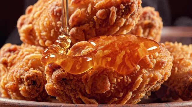 fried chicken pieces with crispy golden crust topped with dripping honey sauce close up, juicy textured fast food meal, comfort food concept with rich flavor and appetizing presentation