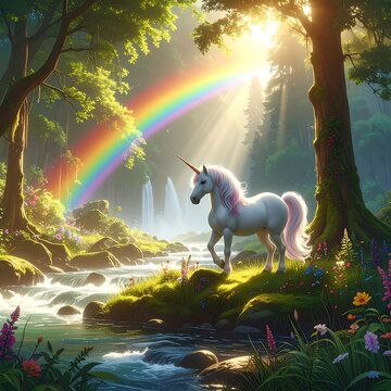 A serene white unicorn stands by a stream in a vibrant forest