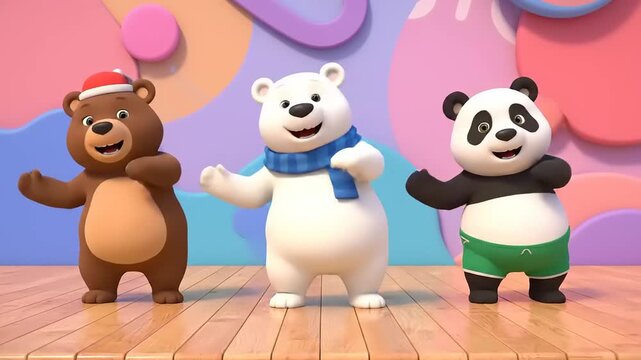 Cute dancing animated polar bear, brown bear, and panda cartoon characters on a colorful stage, spreading joy and happiness with their energetic moves
