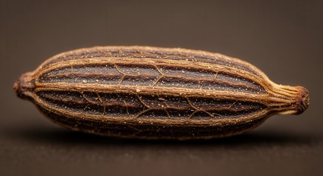 Cumin seed is captured in a detailed macro  against a dark background.