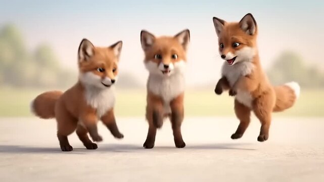 A delightful trio of playful and curious baby foxes, rendered with vibrant digital artistry, are captured mid-movement, showcasing their adorable and mischievous antics in a charming outdoor scene