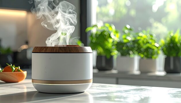 A sleek, modern essential oil diffuser releases steam on a kitchen countertop, with potted plants visible out of focus