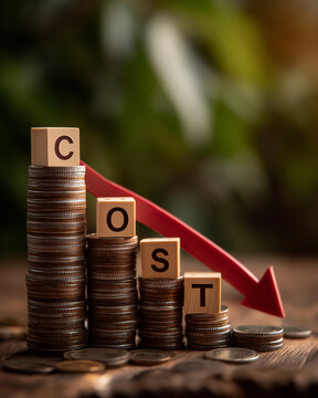 Cost Reduction Concept: A visually compelling image illustrating the concept of cost reduction, featuring a stack of coins and a downward-pointing arrow.