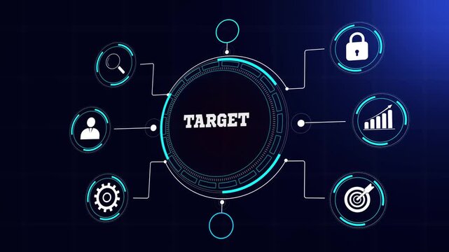 Business target and strategic marketing optimization visualization, modern data hud with glowing blue icons, seamless abstract banking animation for professional use
