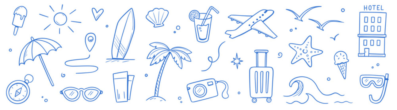 Summer beach icon element set. Hand drawn doodle sketch with sun, sea, travel vacation holiday trip. Cute beach icon elements with sunglasses umbrella palm camera suitcase. Vector illustration
