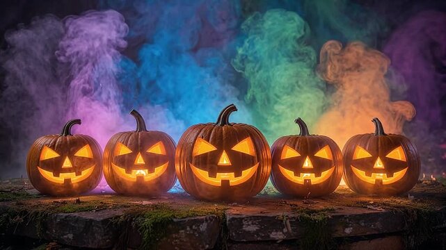 A row of five carved Halloween pumpkins with lit interior lights, arranged on a mossy surface. Behind the pumpkins, thick, colorful smoke billows.