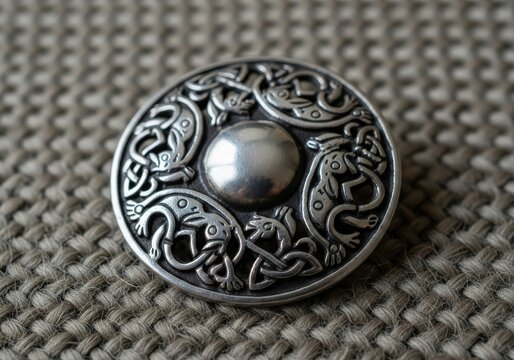Circular silver brooch displays intricate embossed knotwork and zoomorphic patterns resting on a textured fabric surface.