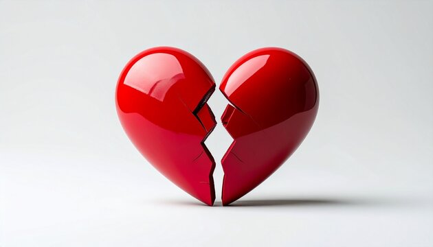 Symbolic vivid red heart, broken into two distinct halves, powerfully conveying profound heartbreak, emotional distress, and loss
