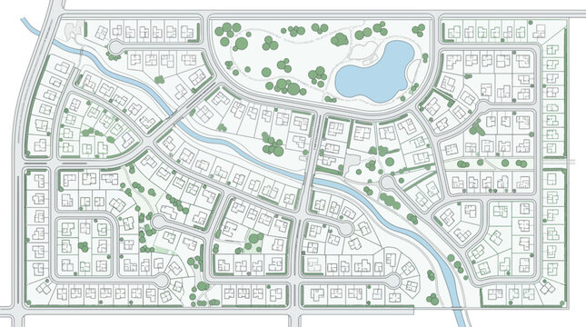 Aerial Site Plan of a Modern Residential Neighborhood with Green Spaces, Housing Plots, and a Park with a Pond - Architectural Master Plan Illustration