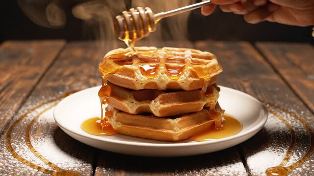 A close-up of a hand using a wooden dipper to drizzle thick golden honey over a stack of three freshly cooked Belgian waffles on a white plate set on a rustic wooden table.