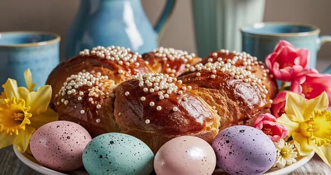 Colorful Easter bread centerpiece surrounded by decorated eggs and spring flowers on a table