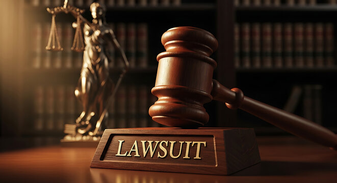 lawsuit gavel symbolizing justice and legal proceedings in a court setting with lady justice in the blurred background.