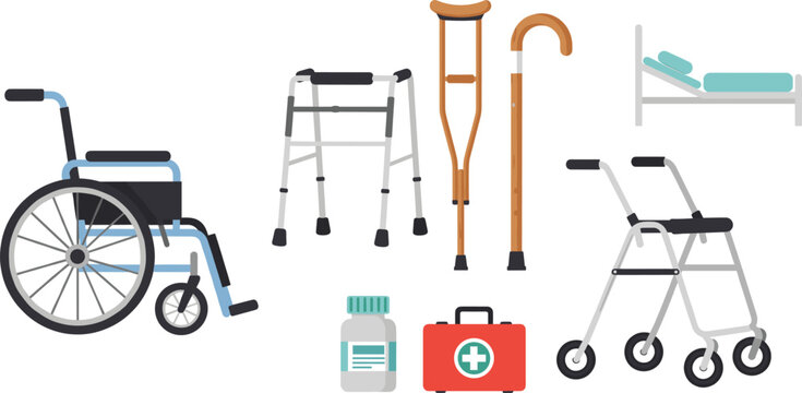 Medical Mobility Equipment Collection Featuring Wheelchair Walker Crutches Cane Hospital Bed and First Aid Kit Vector Illustration for Healthcare Design.