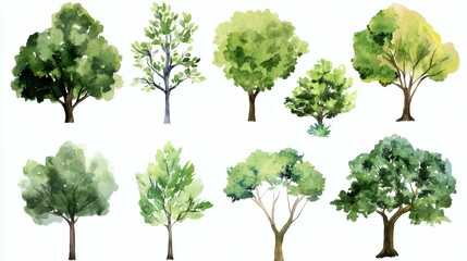 Fototapeta premium Watercolor illustrations of twelve different green trees arranged in two rows on white background