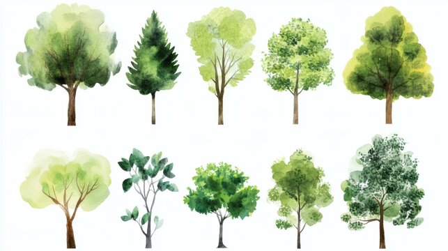 Watercolor illustrations of twelve different green trees arranged in two rows on white background