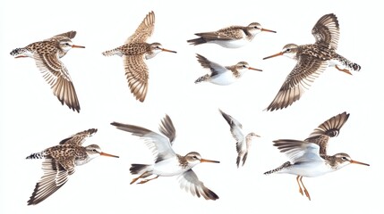 Obraz premium Illustration of twelve sandpipers and similar shorebirds in various flight poses on white background