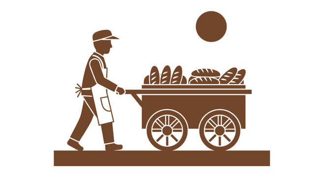 Man pushing bread cart outside.