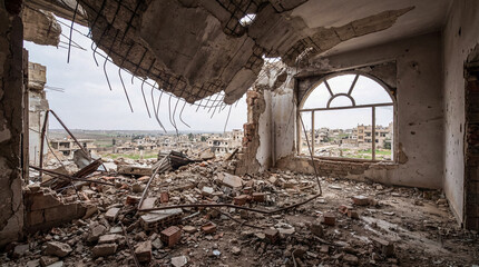 Inside a severely damaged building, roof and walls collapsed, debris on the floor, looking out at a war-torn town. © Dayne