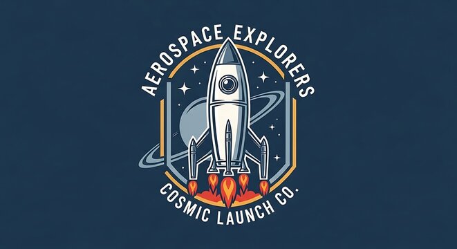 Aerospace explorers logo rocket ship stars planets and cosmic launch theme