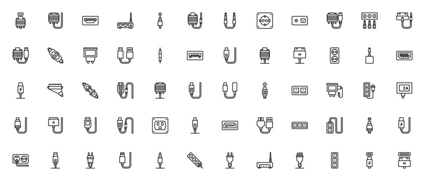 Connectors & Cables icon set. Vector illustration includes DVI, USB, HDMI, SATA, Router, Socket, Plug, Jack, Charger, Cable, Magsafe and more.