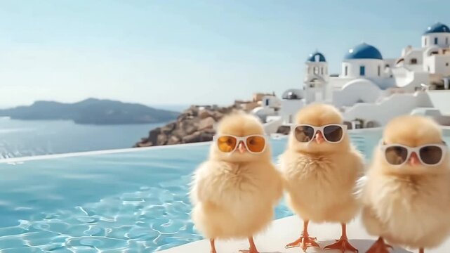 ひよことサングラスが目を引くサントリーニ島の高級プールサイド旅行向け横動画素材