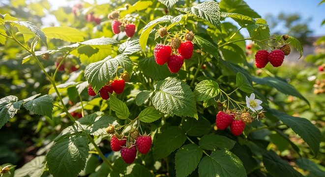 Close up of ripe red raspberries on a bush with green leaves and sunlight