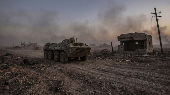 Armored personnel carrier amidst the desolate ruins of a destroyed town at dusk, symbolizing the devastation of war.