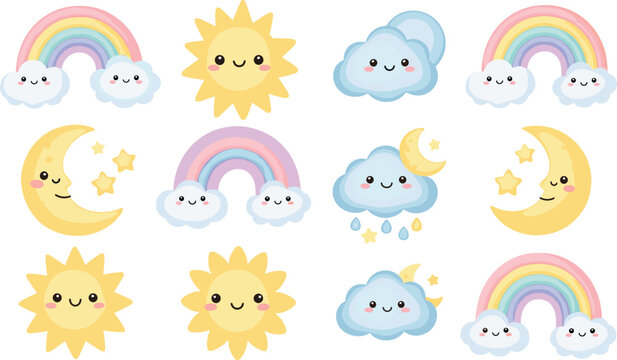 Cute cartoon weather set featuring happy sun clouds rainbows and crescent moon with stars in pastel colors for kids nursery and educational design.