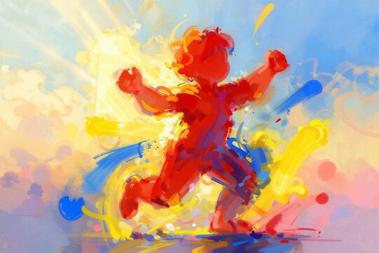 Colorful abstract child silhouette running in paint splash