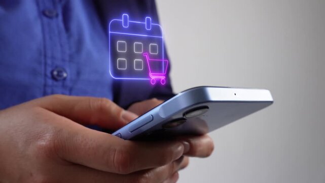 Calendario de compras y pedidos. Mujer de negocios con smartphone en mano con Un icono virtual de un calendario con carro de compras