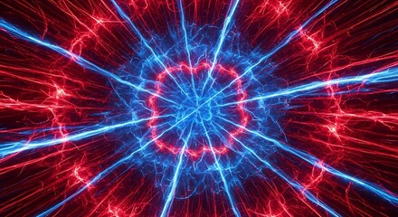 Fototapeta premium Vibrant red and blue light rays emanate from a central point creating a mesmerizing abstract pattern.
