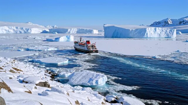 expedition vessel navigating through icy Antarctic waters surrounded by glaciers and floating ice, polar travel adventure and climate change concept in remote frozen landscape