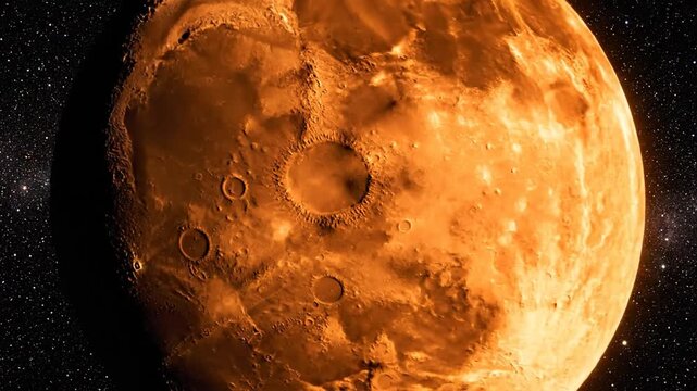 A bright orange moon with visible craters and surface texture centered in a deep space background filled with distant stars and the hazy glow of the Milky Way galaxy.
