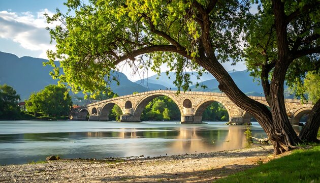 A serene long exposure landscape captures an arch bridge over calm waters, framed by a tree, backed by mountains