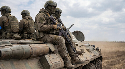 Armed soldiers in combat gear and balaclavas seated atop an armored vehicle, ready for deployment...
