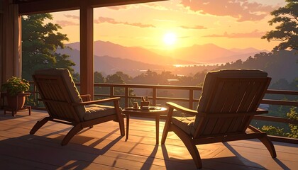 Obraz premium Serene sunset view from a wooden deck with chairs and idyllic mountain landscape