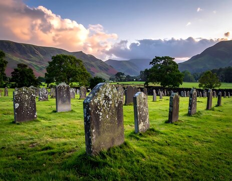 A serene cemetery nestled in a valley, framed by rolling hills under a dramatic, colorful sky. Stone tombstones dot the lush green field