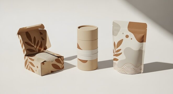 Eco-friendly organic cosmetic packaging set with abstract floral patterns