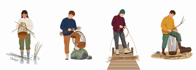 Set of people weaving traditional wicker baskets with willow branches in different outdoor settings, flat vector illustration © Payandu