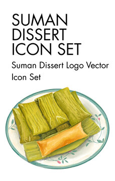 Vibrant illustration of traditional Filipino suman sticky rice dessert snacks, perfect for culinary blog vector icon sets and restaurant menu designs