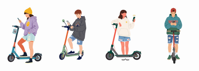 Fototapeta premium Set of young people using mobile apps on smartphones to rent and ride electric kick scooters, modern urban mobility flat vector illustration.