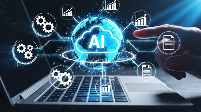 Artificial intelligence technology and cloud computing concept with digital globe and data icons on laptop screen