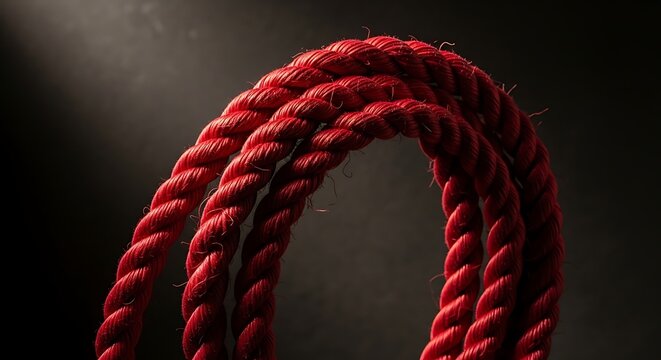 Close up of a coiled red rope against a dark background