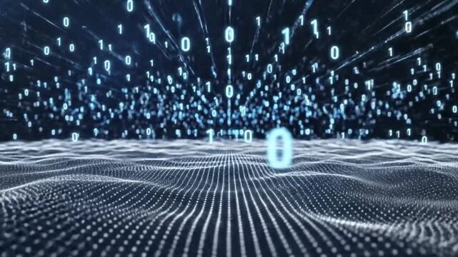 Abstract digital background with binary code numbers and glowing wave surface, representing big data, artificial intelligence, and technology